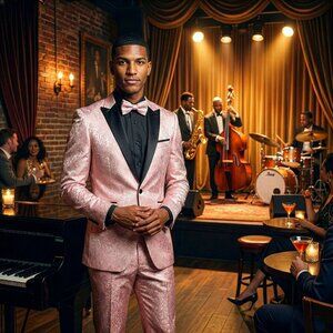 New 2026 Mens 2pc Floral Paisley Pink Suit Set, Skinny Fit